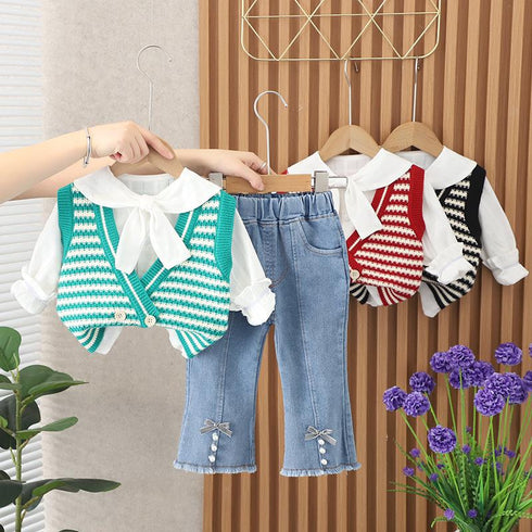 Casual Sweater Vest Three Piece Set Baby Girl Scarf Shirt Long Sleeve Set